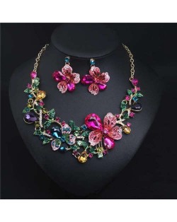 Crystal Graceful Flowers Bridal Fashion Bib Necklace and Earrings Set - Multicolor