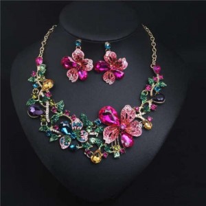 Crystal Graceful Flowers Bridal Fashion Bib Necklace and Earrings Set - Multicolor
