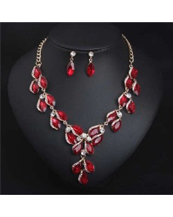 Luxurious Style Floral Design Crystal Fashion Women Statement Bib Necklace and Earrings Set - Red