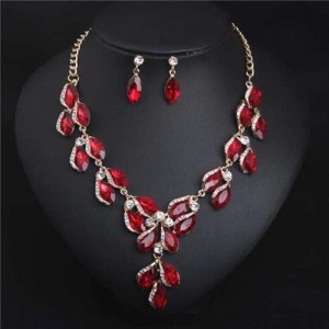 Luxurious Style Floral Design Crystal Fashion Women Statement Bib Necklace and Earrings Set - Red