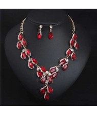 Luxurious Style Floral Design Crystal Fashion Women Statement Bib Necklace and Earrings Set - Red