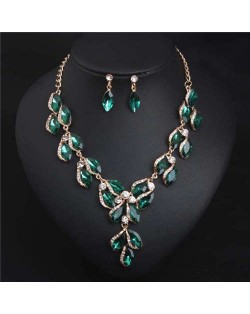 Luxurious Style Floral Design Crystal Fashion Women Statement Bib Necklace and Earrings Set - Green