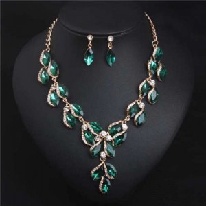 Luxurious Style Floral Design Crystal Fashion Women Statement Bib Necklace and Earrings Set - Green