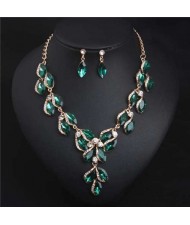 Luxurious Style Floral Design Crystal Fashion Women Statement Bib Necklace and Earrings Set - Green