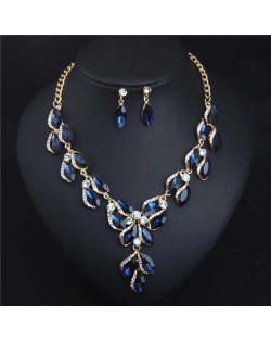 Luxurious Style Floral Design Crystal Fashion Women Statement Bib Necklace and Earrings Set - Blue