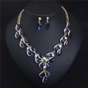 Luxurious Style Floral Design Crystal Fashion Women Statement Bib Necklace and Earrings Set - Blue