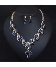 Luxurious Style Floral Design Crystal Fashion Women Statement Bib Necklace and Earrings Set - Blue
