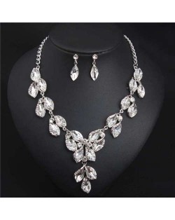 Luxurious Style Floral Design Crystal Fashion Women Statement Bib Necklace and Earrings Set - White