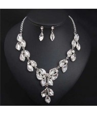 Luxurious Style Floral Design Crystal Fashion Women Statement Bib Necklace and Earrings Set - White