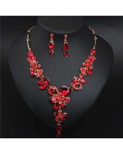 Graceful Floral Design Spring Fashion Women Statement Bib Necklace and Earrings Set - Red