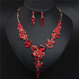 Graceful Floral Design Spring Fashion Women Statement Bib Necklace and Earrings Set - Red