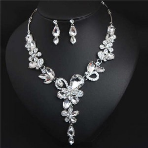 Graceful Floral Design Spring Fashion Women Statement Bib Necklace and Earrings Set - White