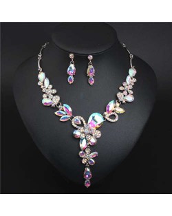 Graceful Floral Design Spring Fashion Women Statement Bib Necklace and Earrings Set - Colorful White