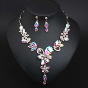 Graceful Floral Design Spring Fashion Women Statement Bib Necklace and Earrings Set - Colorful White