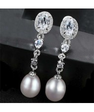 Cubic Zirconia Natural Pearl Fashion Gorgeous Dangling 925 Sterling Silver Women Earrings