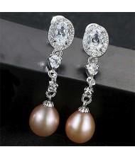 Cubic Zirconia Natural Pearl Fashion Gorgeous Dangling 925 Sterling Silver Women Earrings