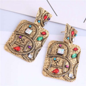 Multicolor Rhinestone Vintage Inlaid Square Folk Style Fashion Women Alloy Earrings - Golden