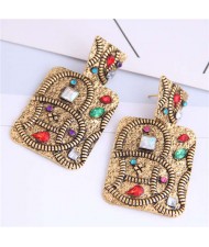 Multicolor Rhinestone Vintage Inlaid Square Folk Style Fashion Women Alloy Earrings - Golden