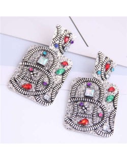 Multicolor Rhinestone Vintage Inlaid Square Folk Style Fashion Women Alloy Earrings - Silver