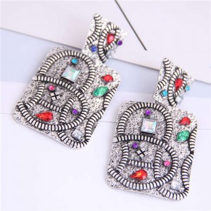 Multicolor Rhinestone Vintage Inlaid Square Folk Style Fashion Women Alloy Earrings - Silver
