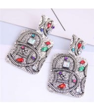 Multicolor Rhinestone Vintage Inlaid Square Folk Style Fashion Women Alloy Earrings - Silver