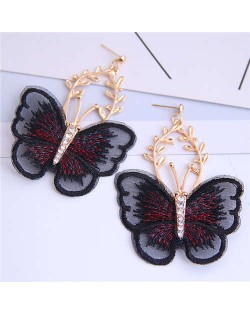 Embroidery Butterfly High Fashion Women Dangling Earrings - Black