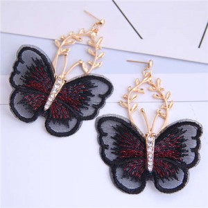 Embroidery Butterfly High Fashion Women Dangling Earrings - Black