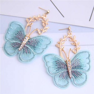 Embroidery Butterfly High Fashion Women Dangling Earrings - Blue