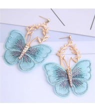 Embroidery Butterfly High Fashion Women Dangling Earrings - Blue