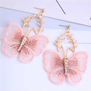 Embroidery Butterfly High Fashion Women Dangling Earrings - Pink