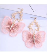 Embroidery Butterfly High Fashion Women Dangling Earrings - Pink