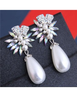 Brightful Flowers with Pearl Tassel Bold Fashion Women Dangling Earrings - Luminous White