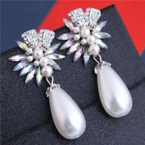 Brightful Flowers with Pearl Tassel Bold Fashion Women Dangling Earrings - Luminous White