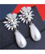 Brightful Flowers with Pearl Tassel Bold Fashion Women Dangling Earrings - Luminous White