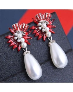 Brightful Flowers with Pearl Tassel Bold Fashion Women Dangling Earrings - Red