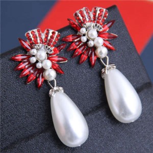 Brightful Flowers with Pearl Tassel Bold Fashion Women Dangling Earrings - Red
