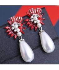 Brightful Flowers with Pearl Tassel Bold Fashion Women Dangling Earrings - Red