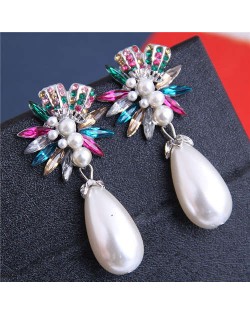 Brightful Flowers with Pearl Tassel Bold Fashion Women Dangling Earrings - Multicolor