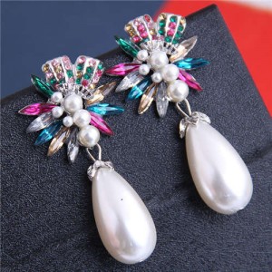 Brightful Flowers with Pearl Tassel Bold Fashion Women Dangling Earrings - Multicolor