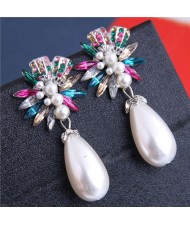 Brightful Flowers with Pearl Tassel Bold Fashion Women Dangling Earrings - Multicolor