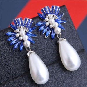 Brightful Flowers with Pearl Tassel Bold Fashion Women Dangling Earrings - Blue
