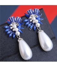 Brightful Flowers with Pearl Tassel Bold Fashion Women Dangling Earrings - Blue