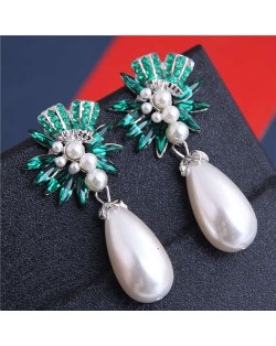 Brightful Flowers with Pearl Tassel Bold Fashion Women Dangling Earrings - Green