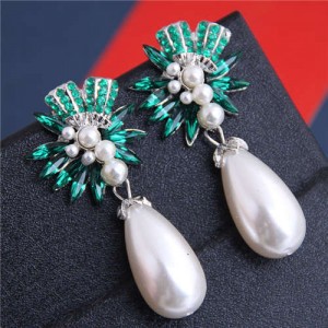 Brightful Flowers with Pearl Tassel Bold Fashion Women Dangling Earrings - Green