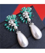 Brightful Flowers with Pearl Tassel Bold Fashion Women Dangling Earrings - Green