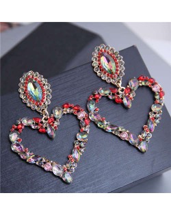 Rhinestone Giant Heart Design Bling Fashion Women Alloy Earrings - Red