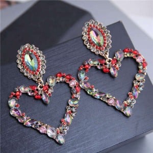 Rhinestone Giant Heart Design Bling Fashion Women Alloy Earrings - Red