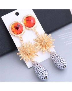Sunflower Design Elegant Rhinstone Waterdrop Tassel Shoulder-duster Earrings - Orange