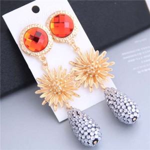 Sunflower Design Elegant Rhinstone Waterdrop Tassel Shoulder-duster Earrings - Orange