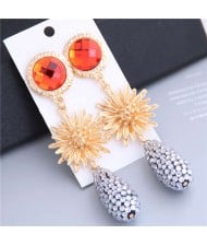 Sunflower Design Elegant Rhinstone Waterdrop Tassel Shoulder-duster Earrings - Orange